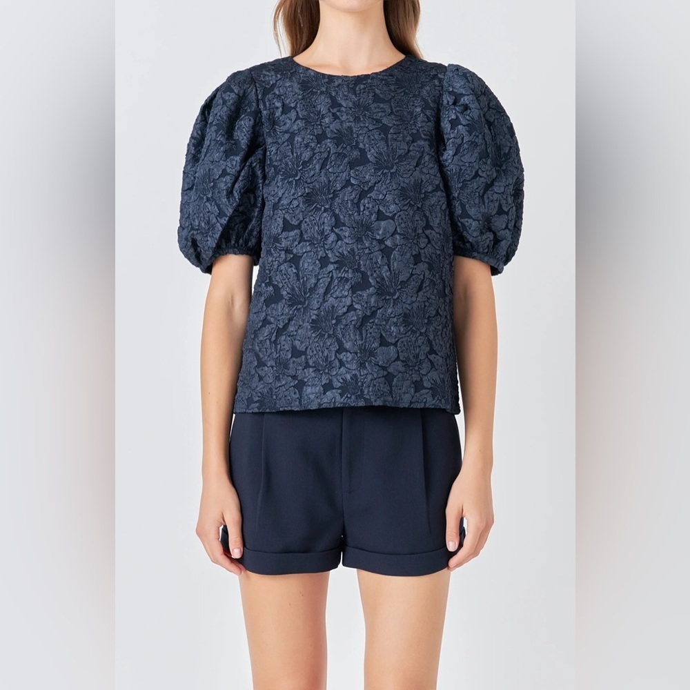 Endless Rose Floral Jacquard Puff Sleeve Top | Size Small